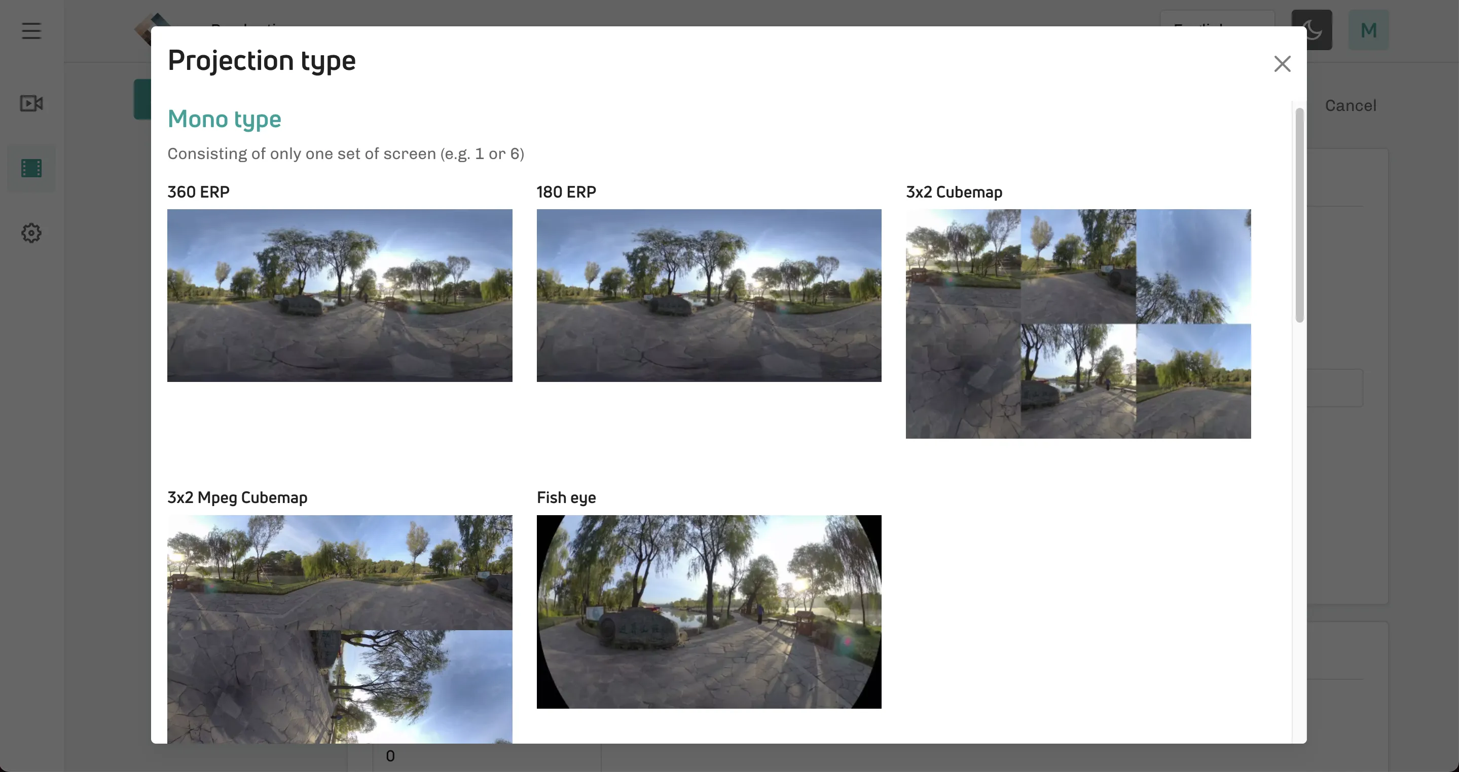 Cockpit projection type picker with thumbnails of the different VR projections