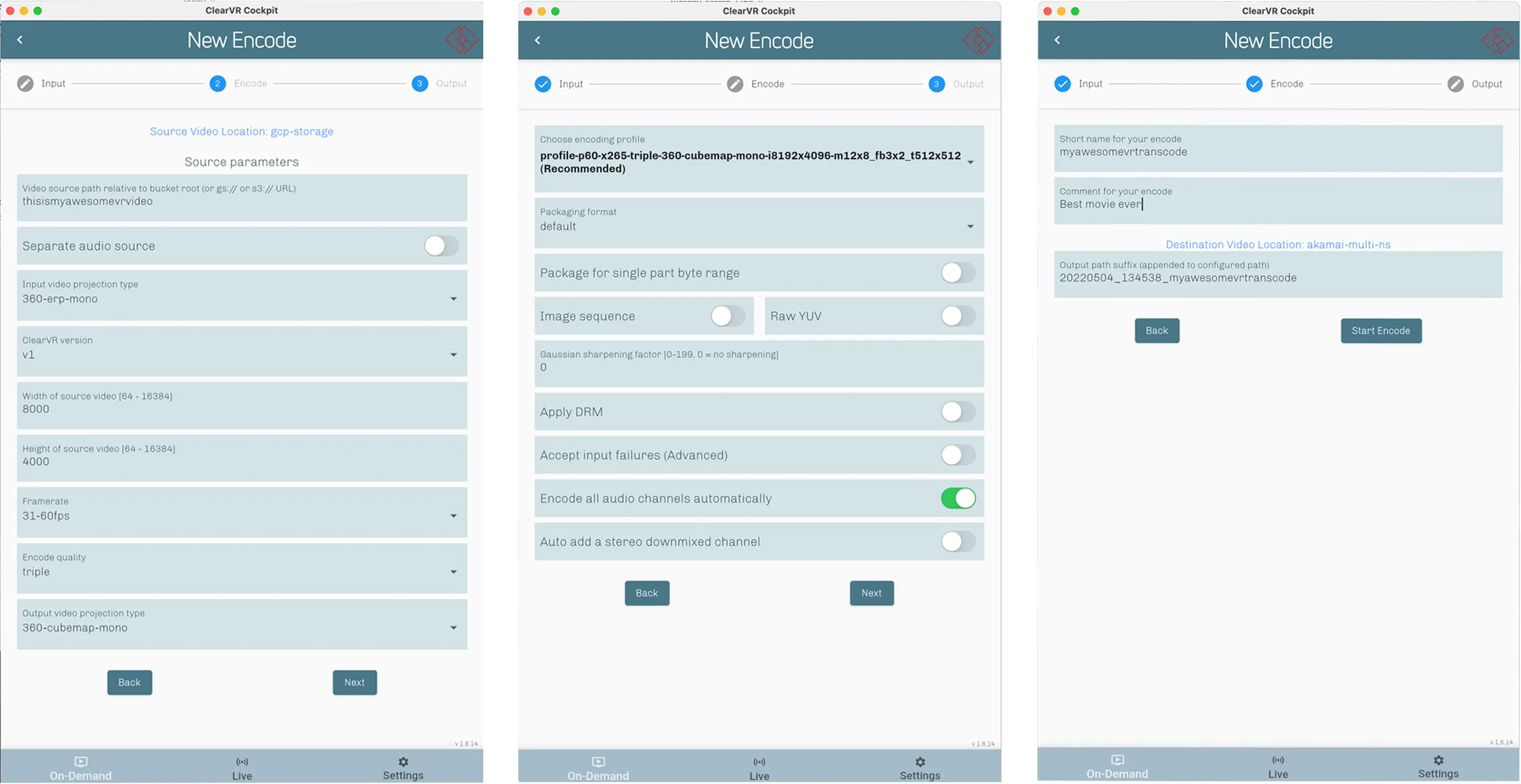 Three screens of the older Cockpit encode setup form
