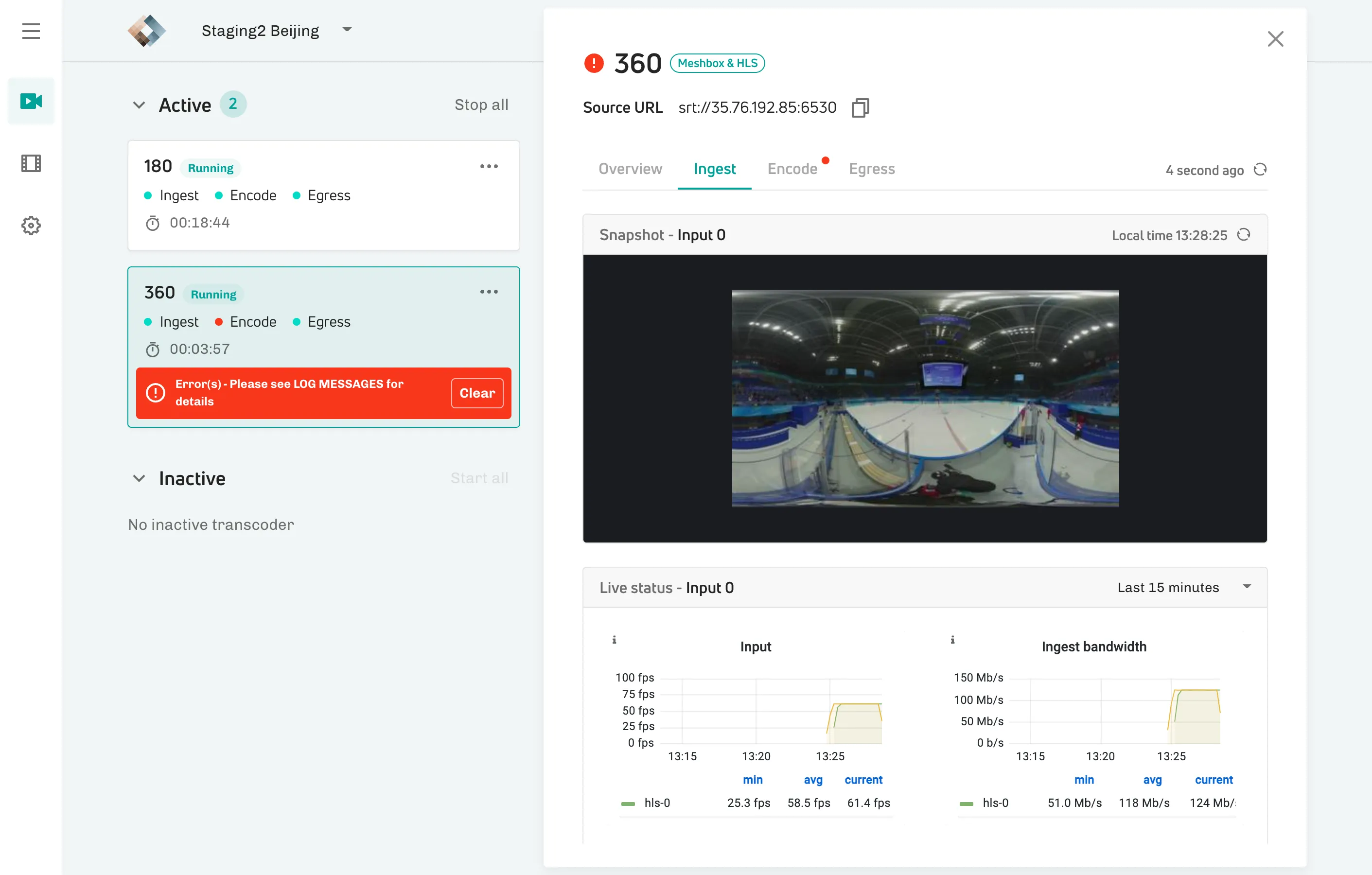 Cockpit live status screen with an active transcoder and a 360 preview