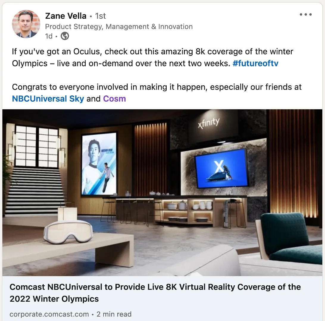 LinkedIn post by Zane Vella about live 8K VR coverage of the Winter Olympics