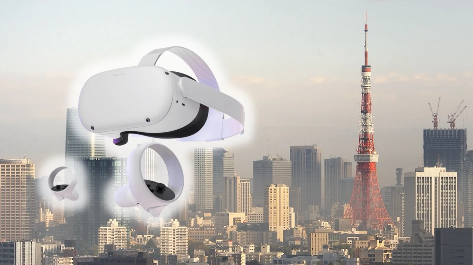 Meta Quest 2 headset above the Tokyo skyline