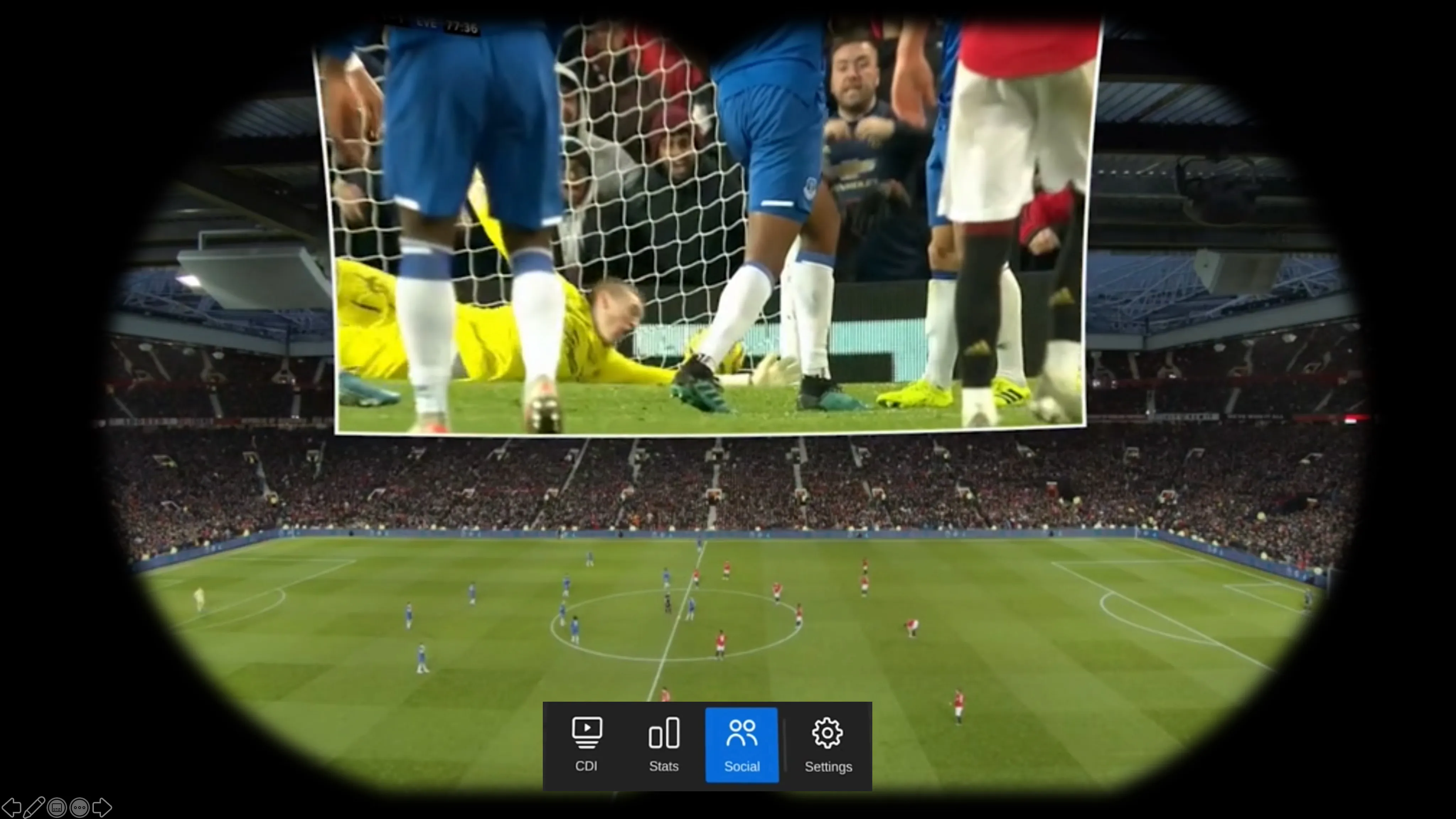 Football match seen through a VR headset, with a multiview overlay