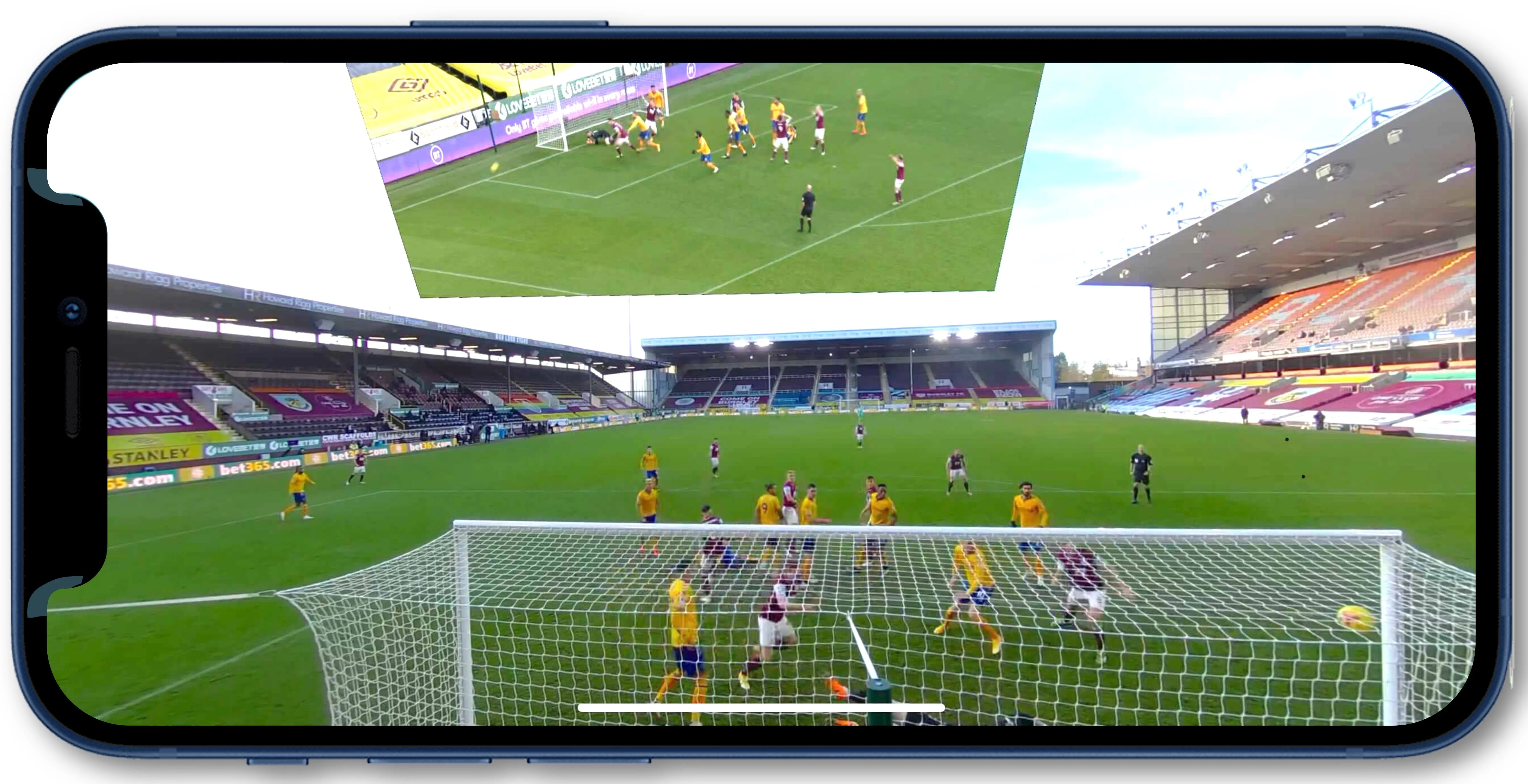 Phone showing a football match played through the Tiledmedia player