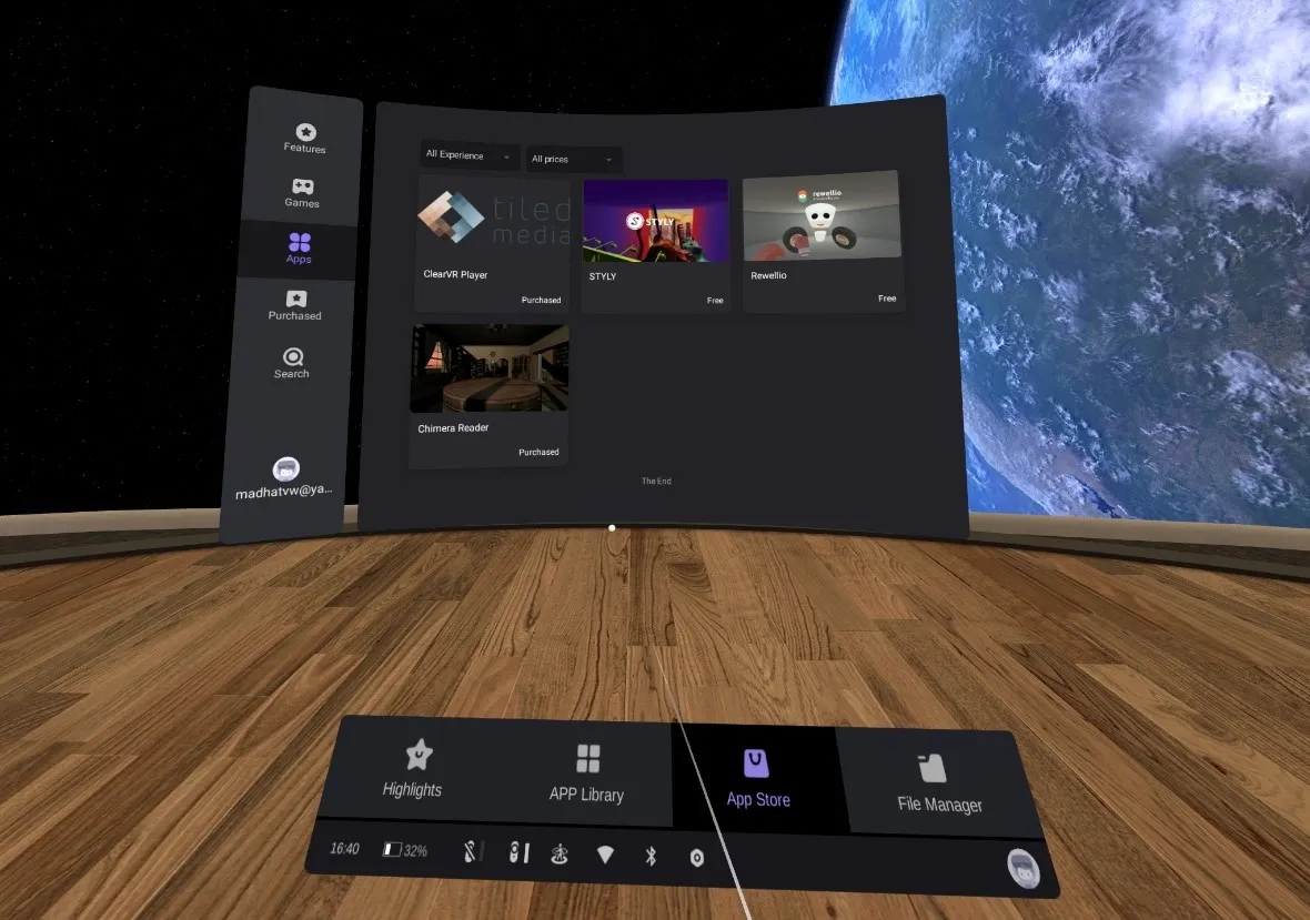 ClearVR player interface floating in a virtual room