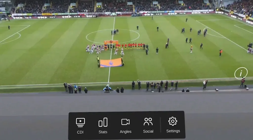 VR stadium view with a watchzones control bar for stats, angles and social