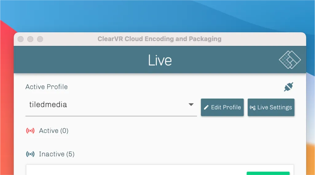 ClearVR Cockpit showing live encoding and packaging profiles