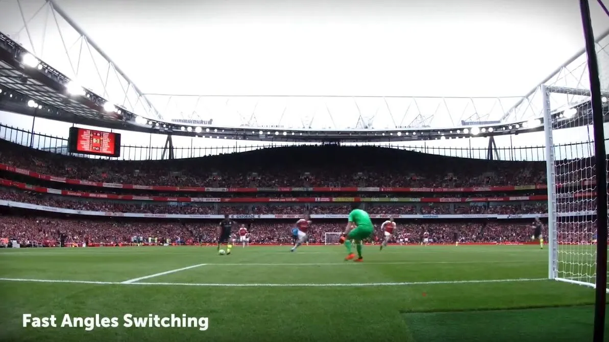 Football match seen from behind the goal, captioned fast angles switching