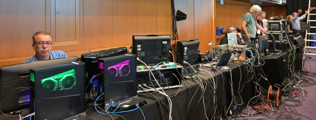 Racks of production equipment and crew at the IBC 2019 VR production