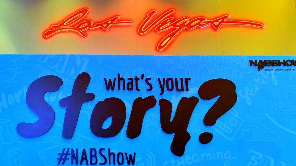 NAB Show What's Your Story banner in Las Vegas lettering