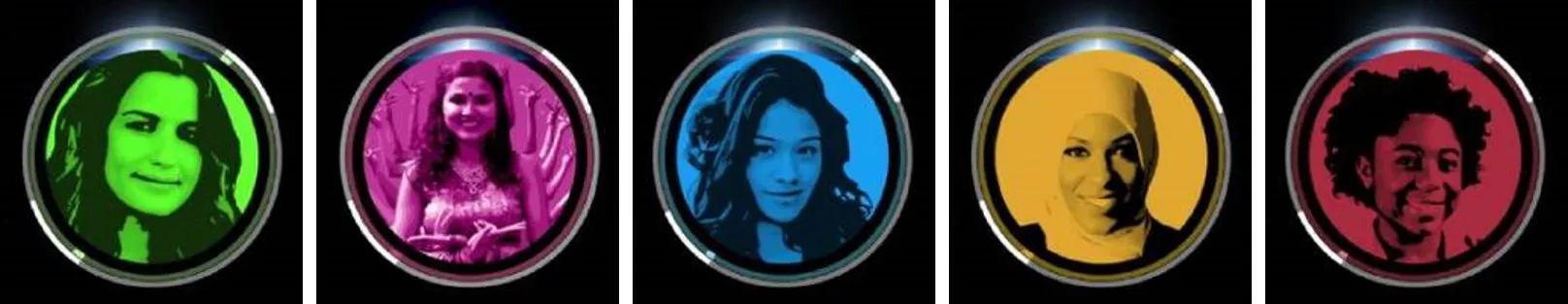 Five circular portraits in different colours, marking International Women's Day