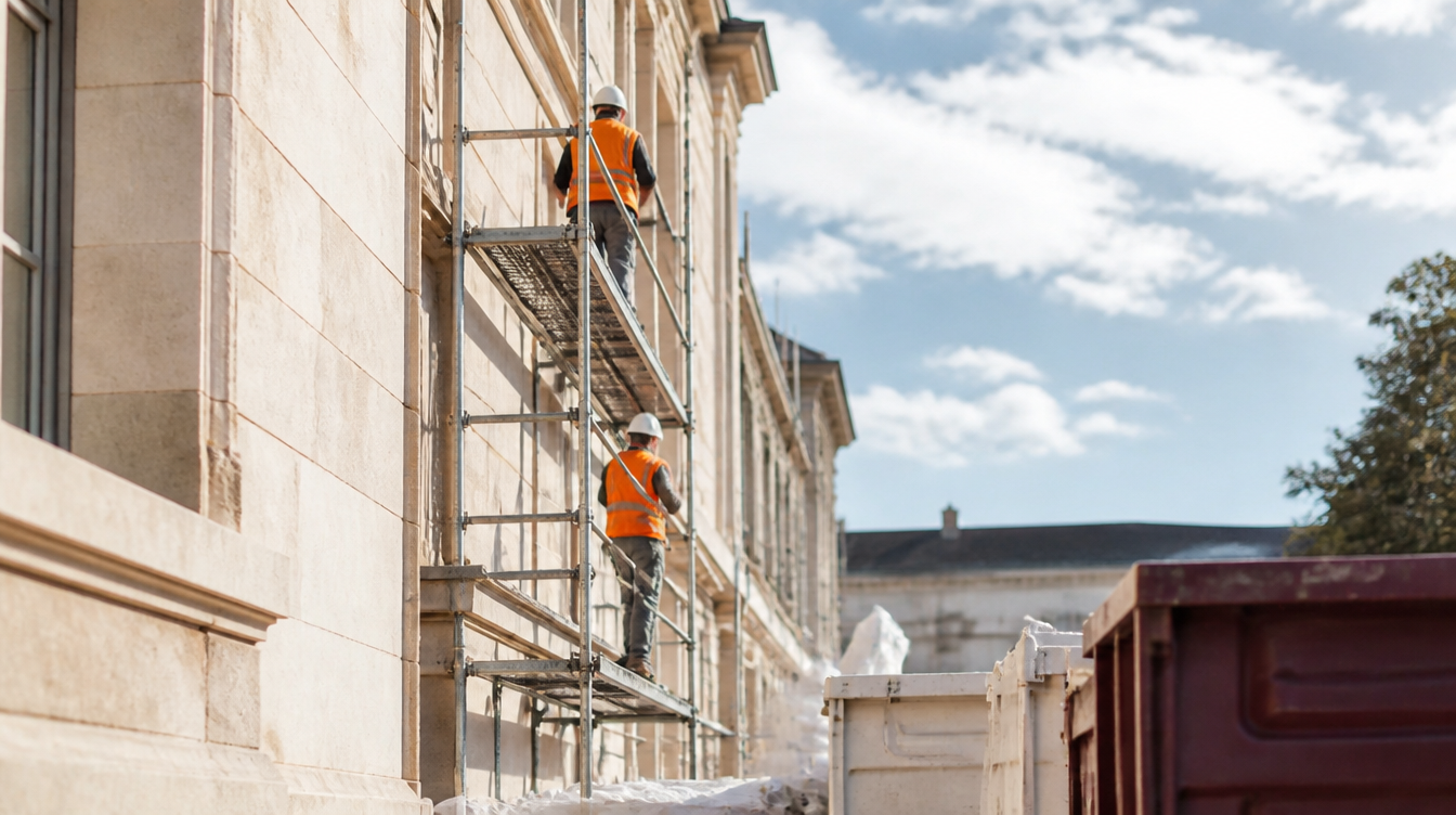 Chantier extérieur de réhabilitation, échafaudages et ouvriers casqués