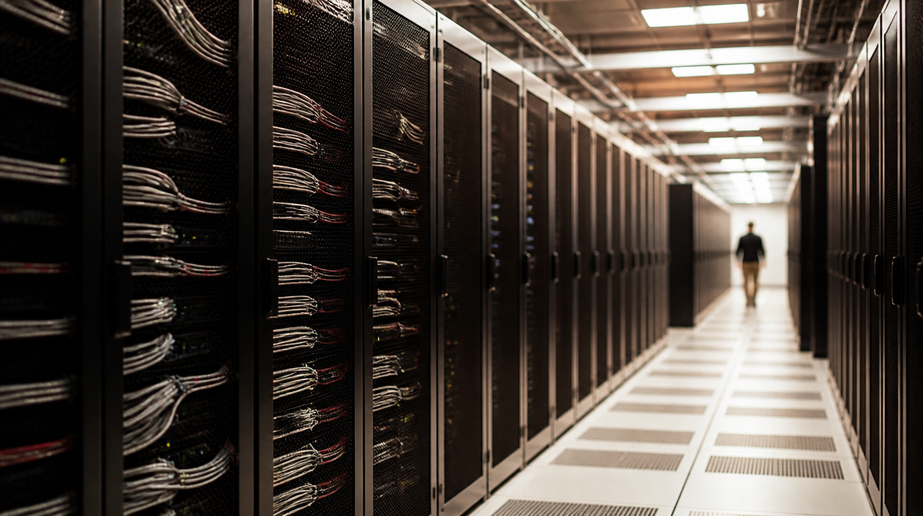 Salle serveurs, rangées de baies informatiques et câblage réseau