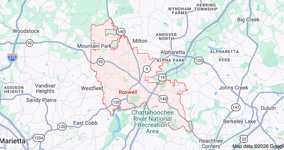 Map showing Roswell area with roads, nearby towns, and Chattahoochee River National Recreation Area.