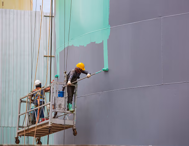 Two workers on suspended scaffolding painting a large gray wall bright green using rollers.