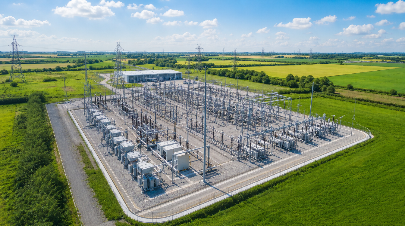 Vue aérienne d'un poste électrique haute tension en zone rurale
