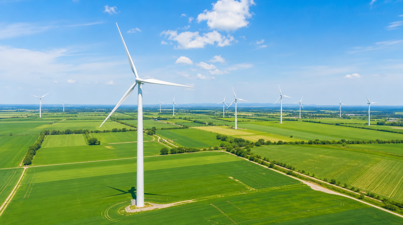 Parc éolien terrestre au milieu de champs cultivés