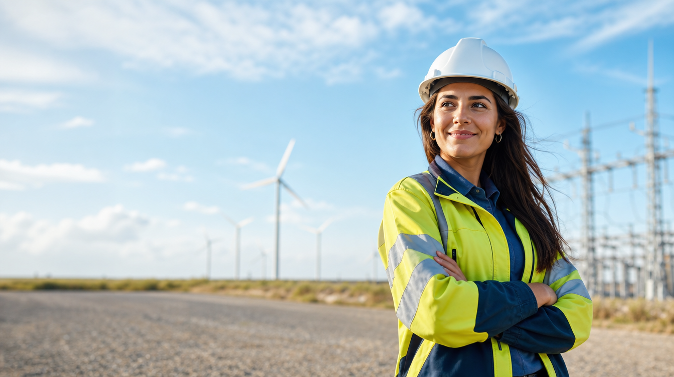 Ingénieure en équipement de sécurité devant un parc éolien et un poste électrique