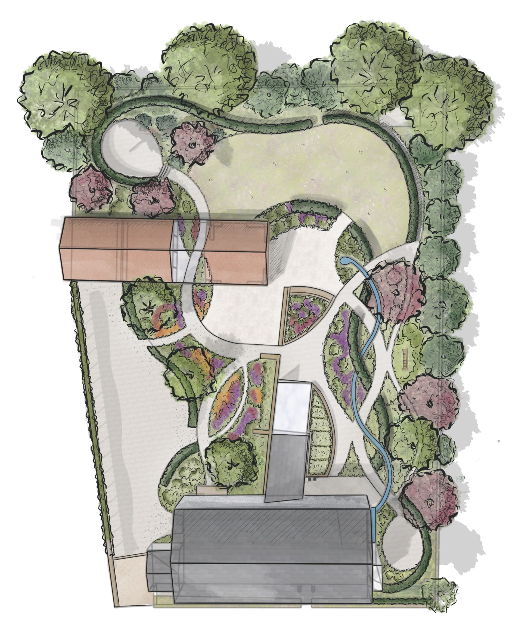 A drawn masterplan of the garden, showing paths, rills, hedging and terraces