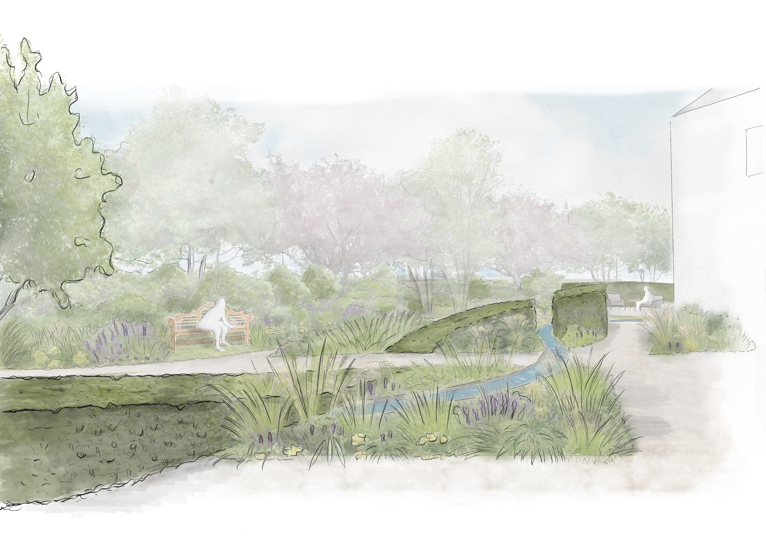 Water rills and clipped hedges curving between winding paths