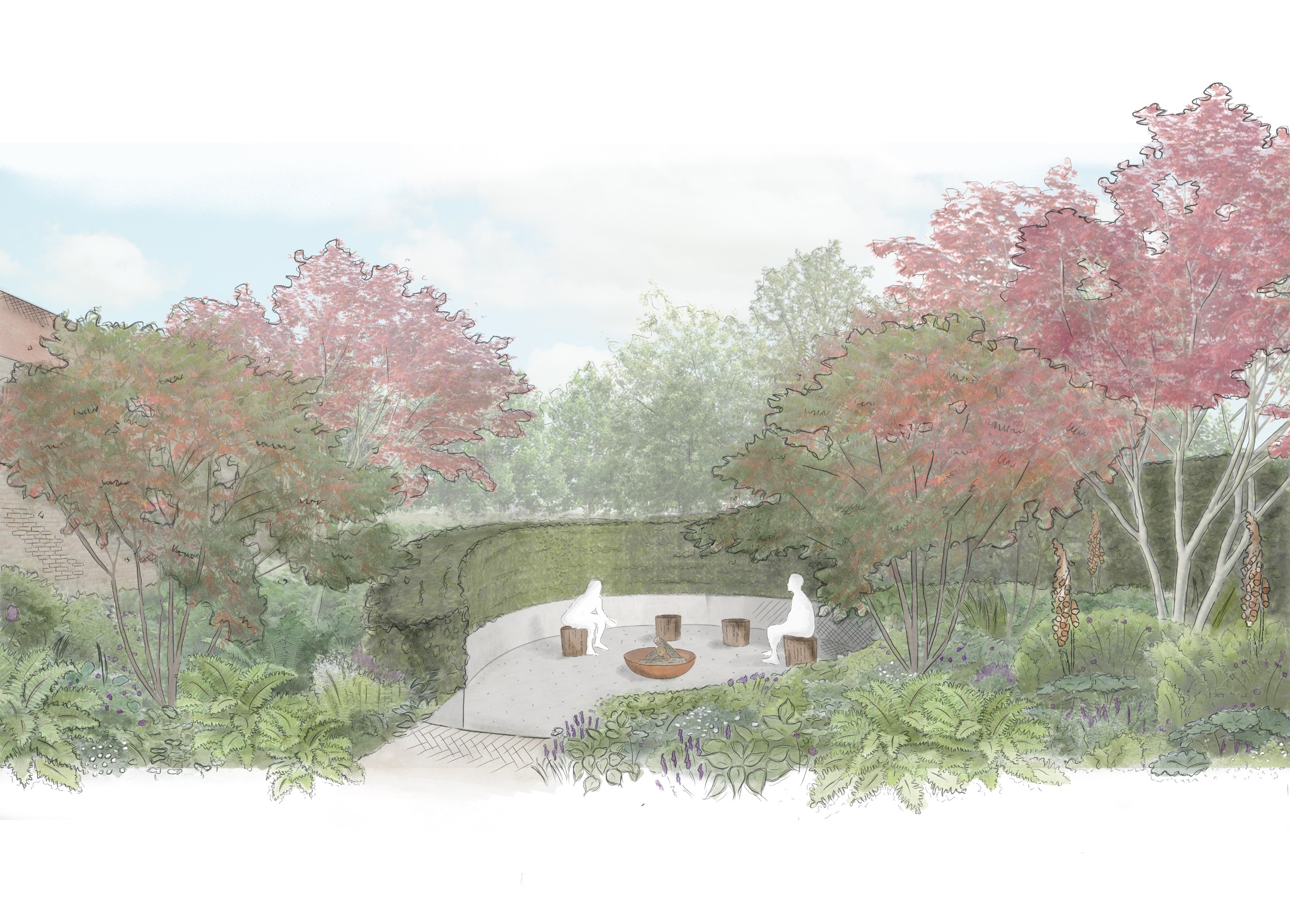 A sunken seating circle around a fire pit, ringed by woodland planting