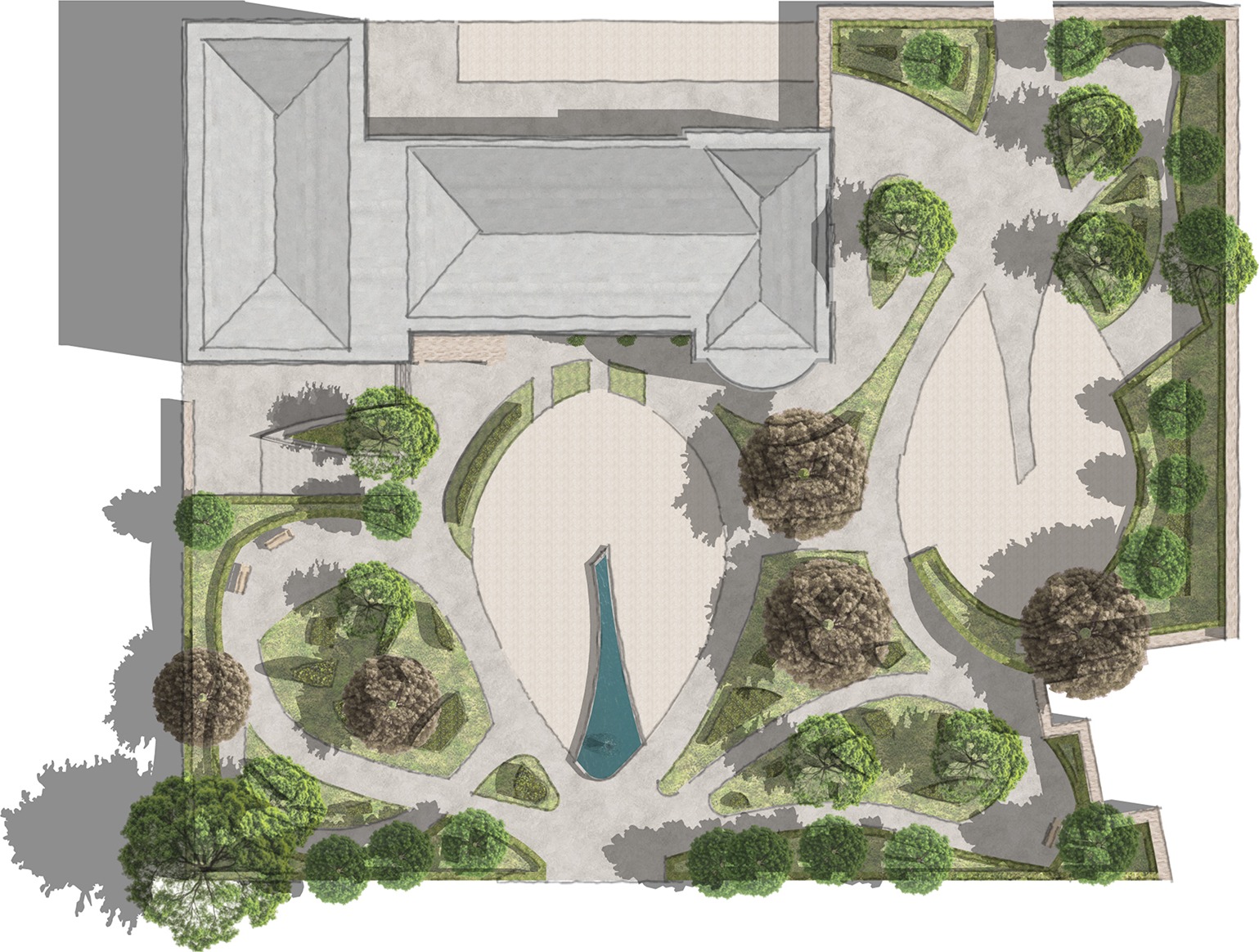 A drawn masterplan of the grounds, showing the ceremony space, topiary and water feature