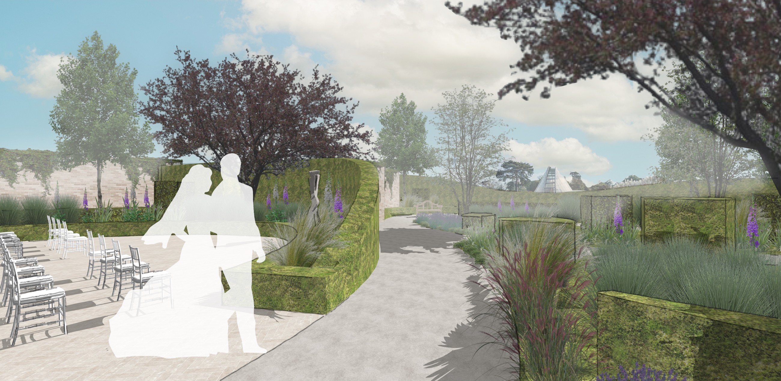 A lawn for ceremonies enclosed by curved clipped topiary