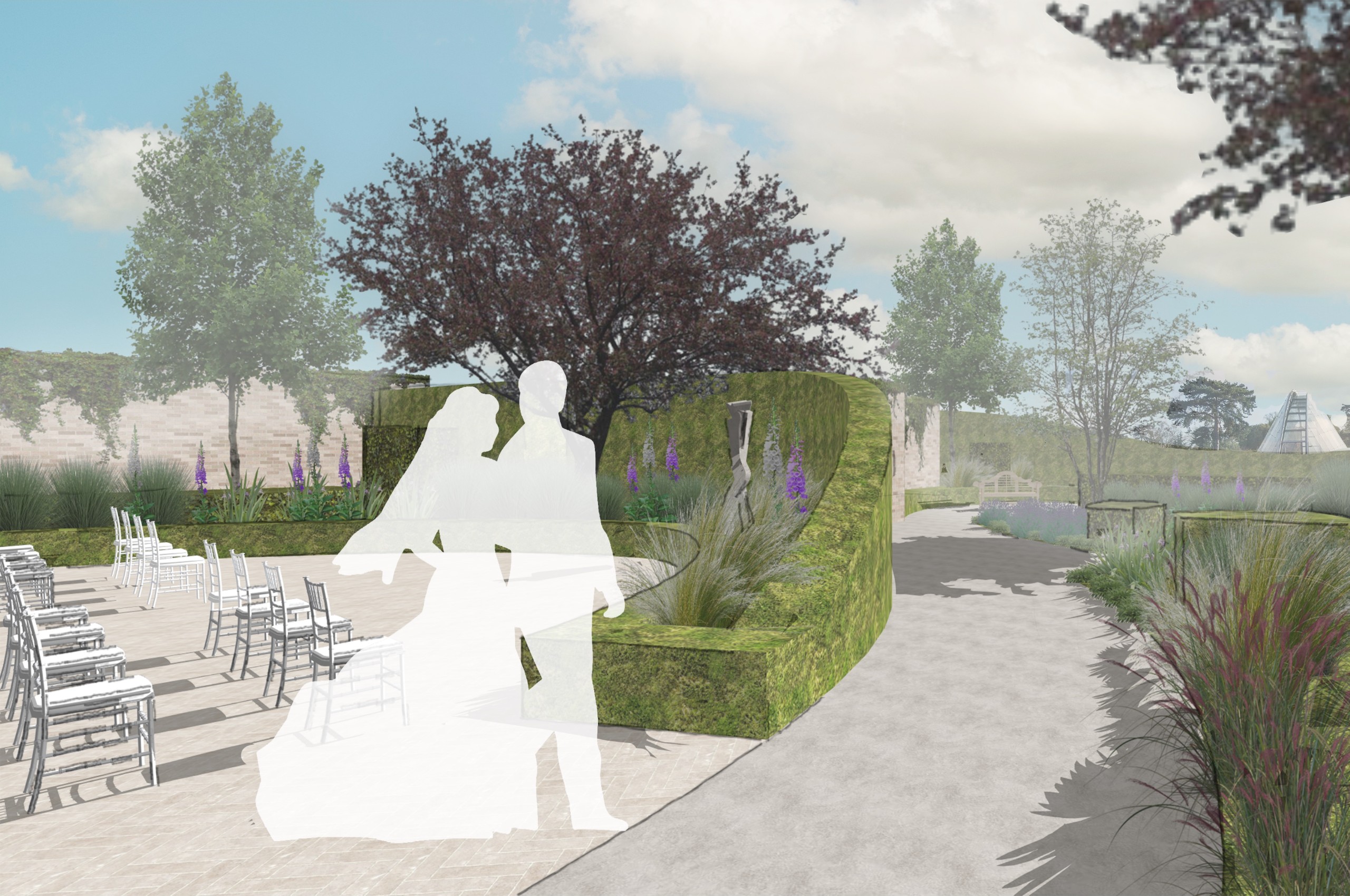 The ceremony space, held within curved topiary hedging