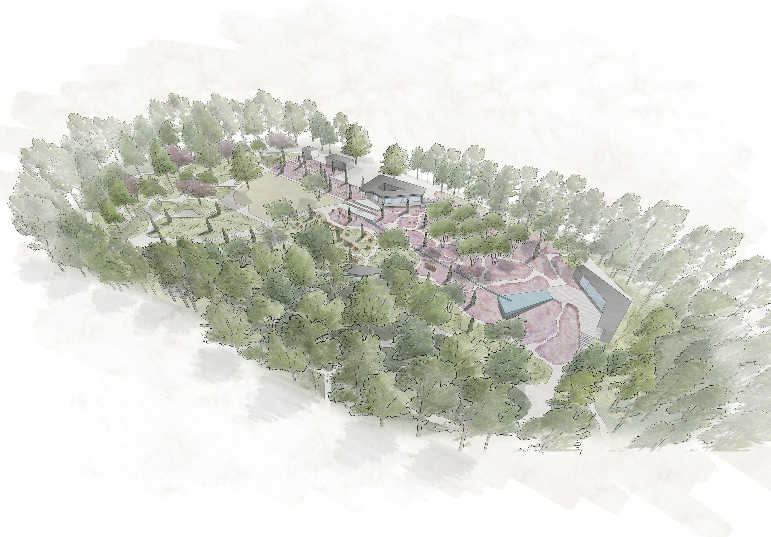 A five-acre Hampshire garden seen from above, running down to a wooded valley