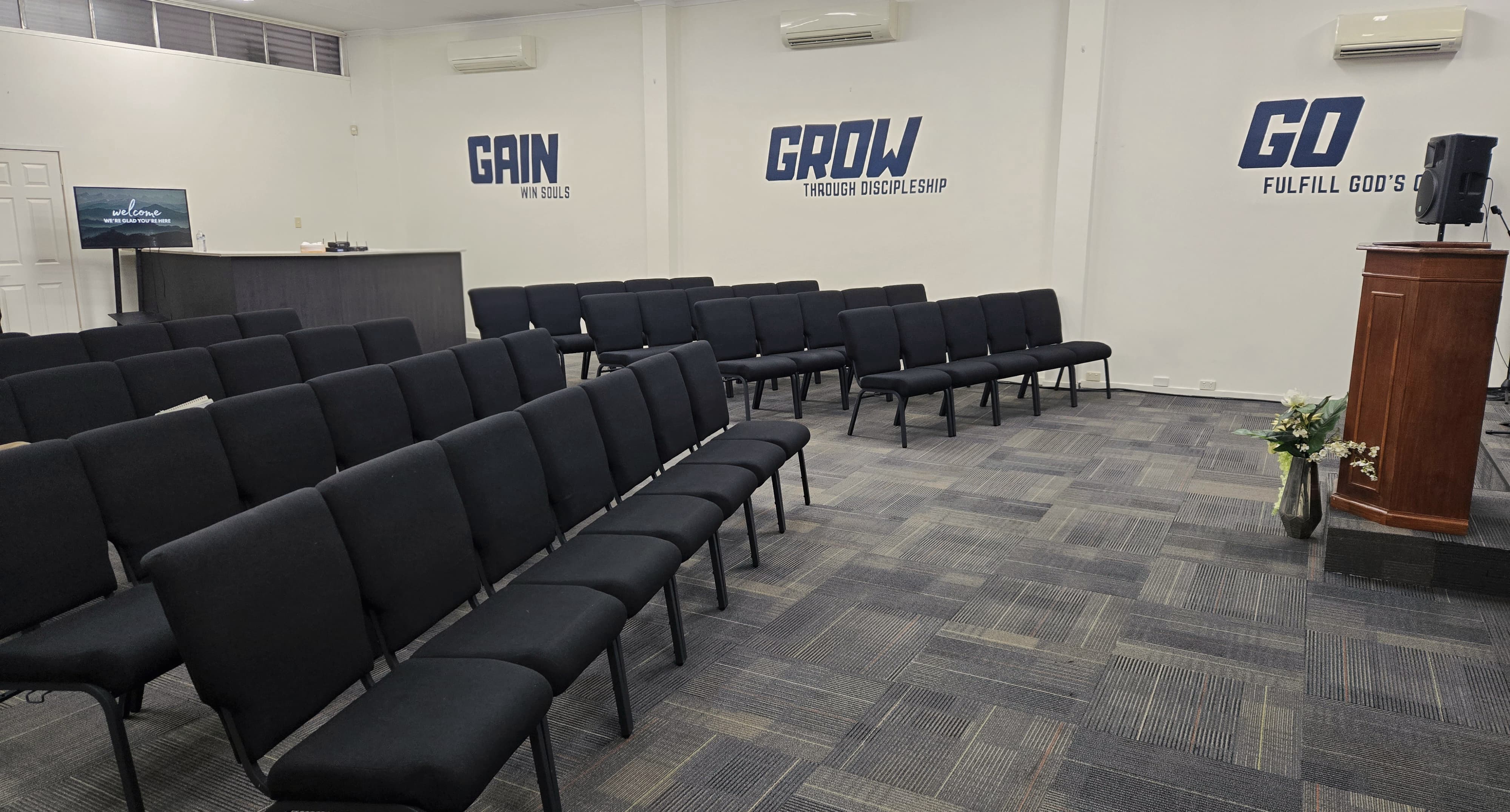 The church auditorium set up ready for a service
