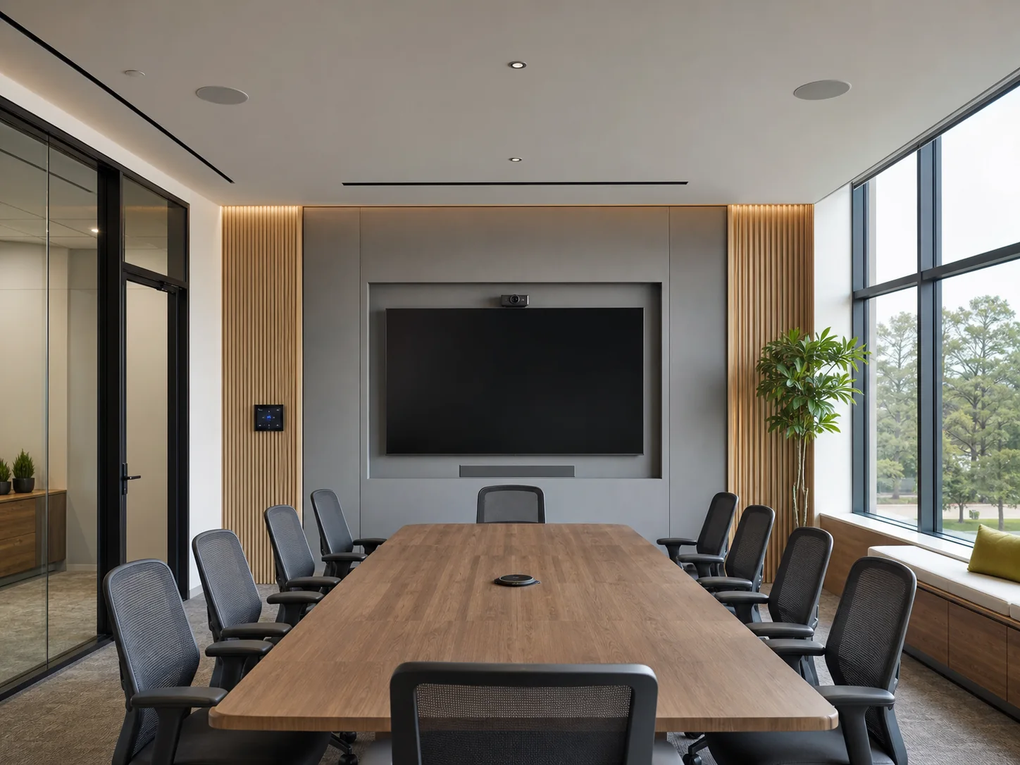 Modern commercial collaboration room with an integrated display, camera, ceiling microphones, and speakers.