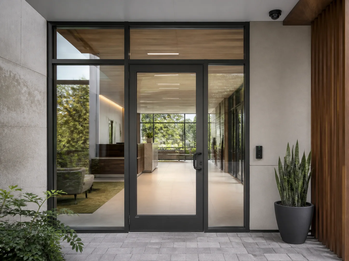 Commercial building entrance with a controlled door, credential reader, and discreet security camera.