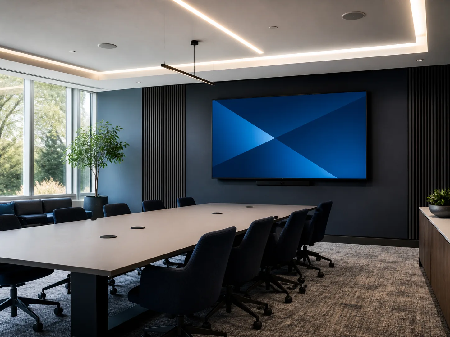 Conceptual modern collaboration room with integrated display, ceiling audio, acoustic treatment, and conference table