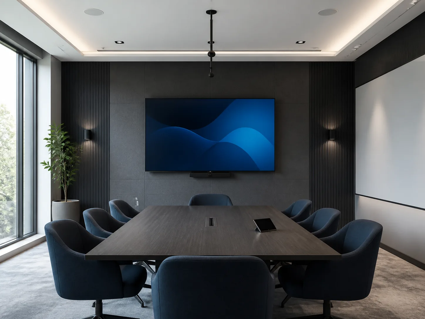 Conceptual modern conference room with integrated display, ceiling microphones, acoustic treatment, and meeting table