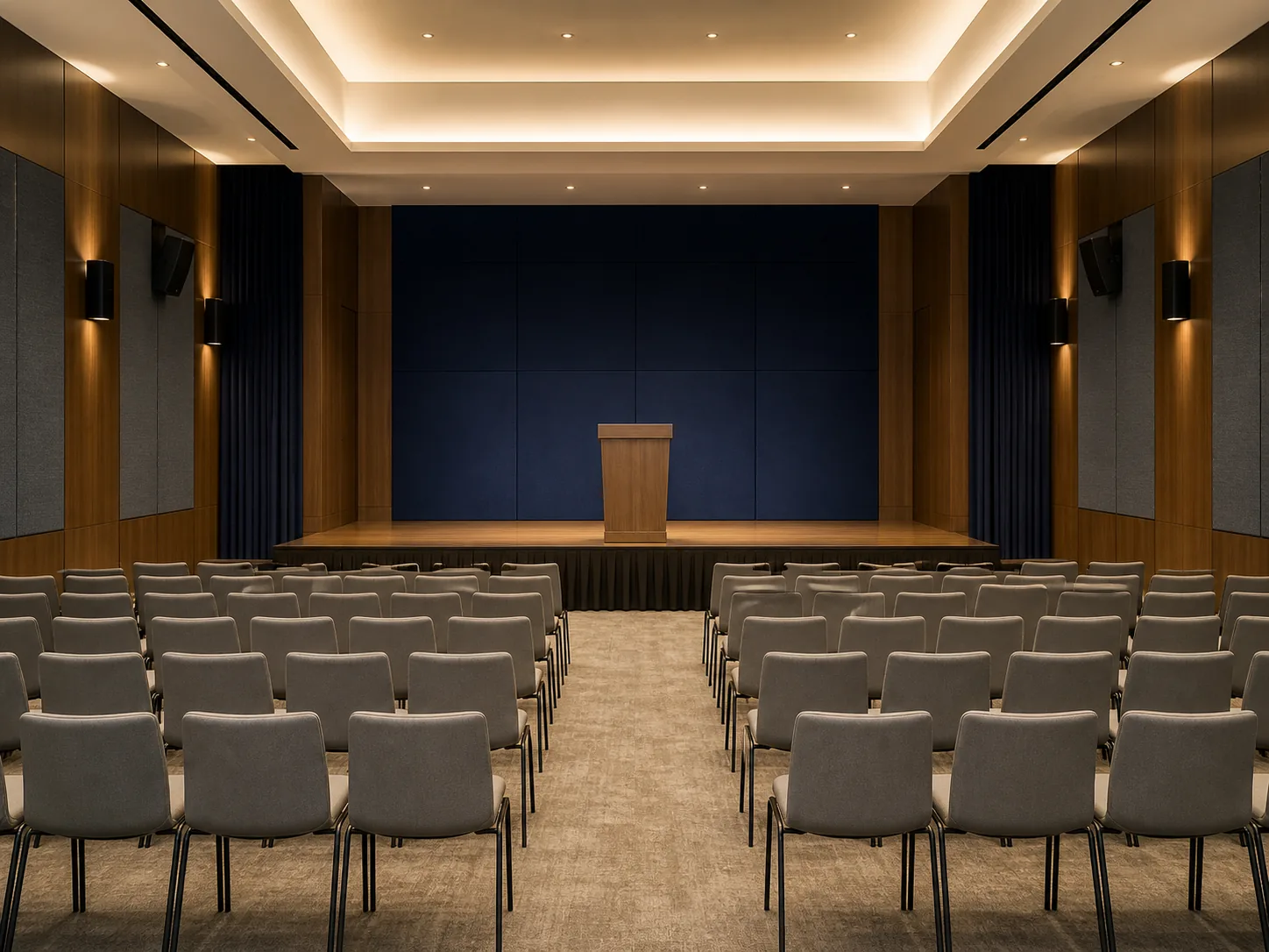 Conceptual commercial hall with acoustic wall treatment, discreet loudspeakers, seating, and a small stage