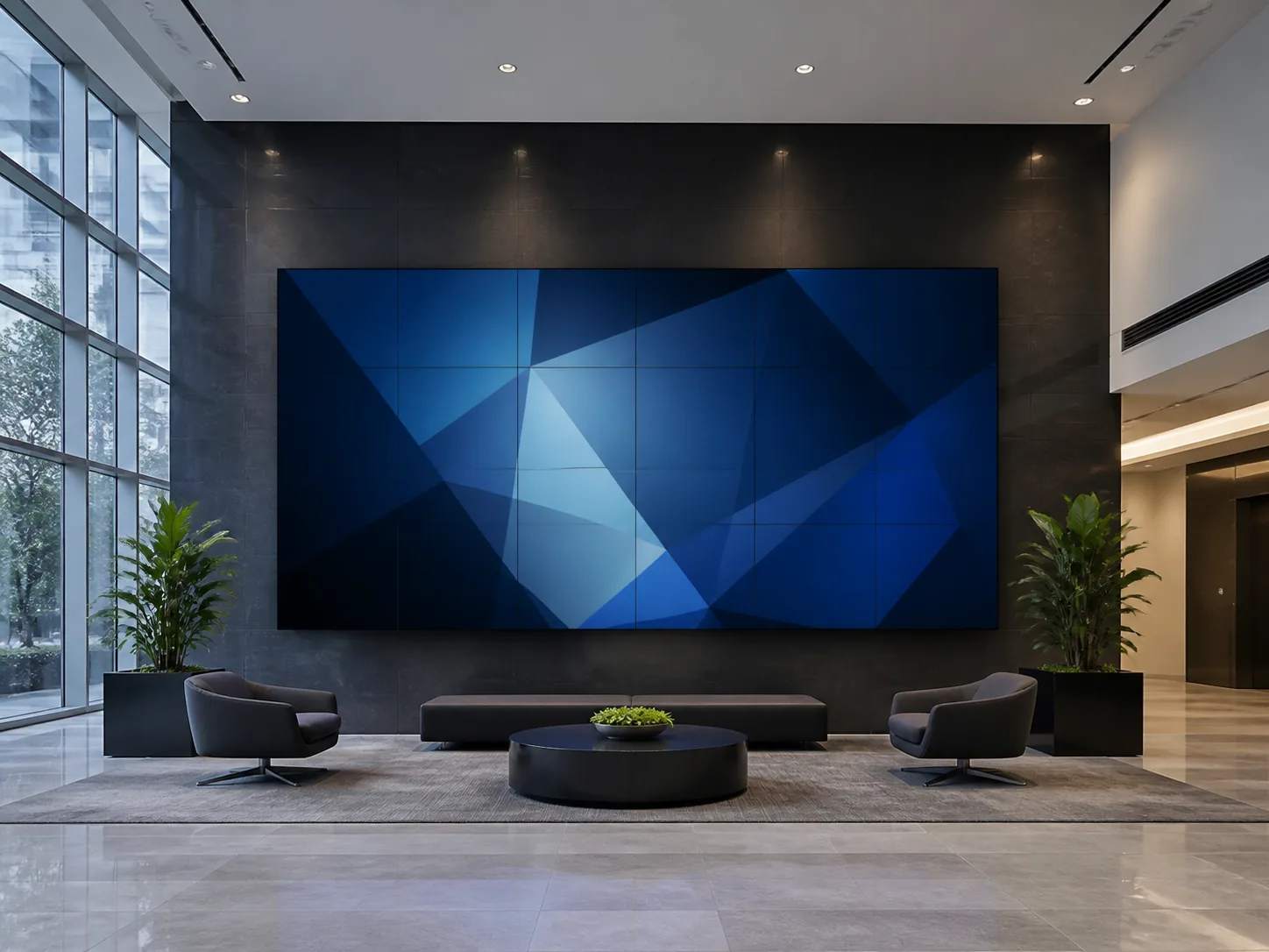 Conceptual modern lobby with a large multi-panel video wall displaying abstract blue geometric artwork