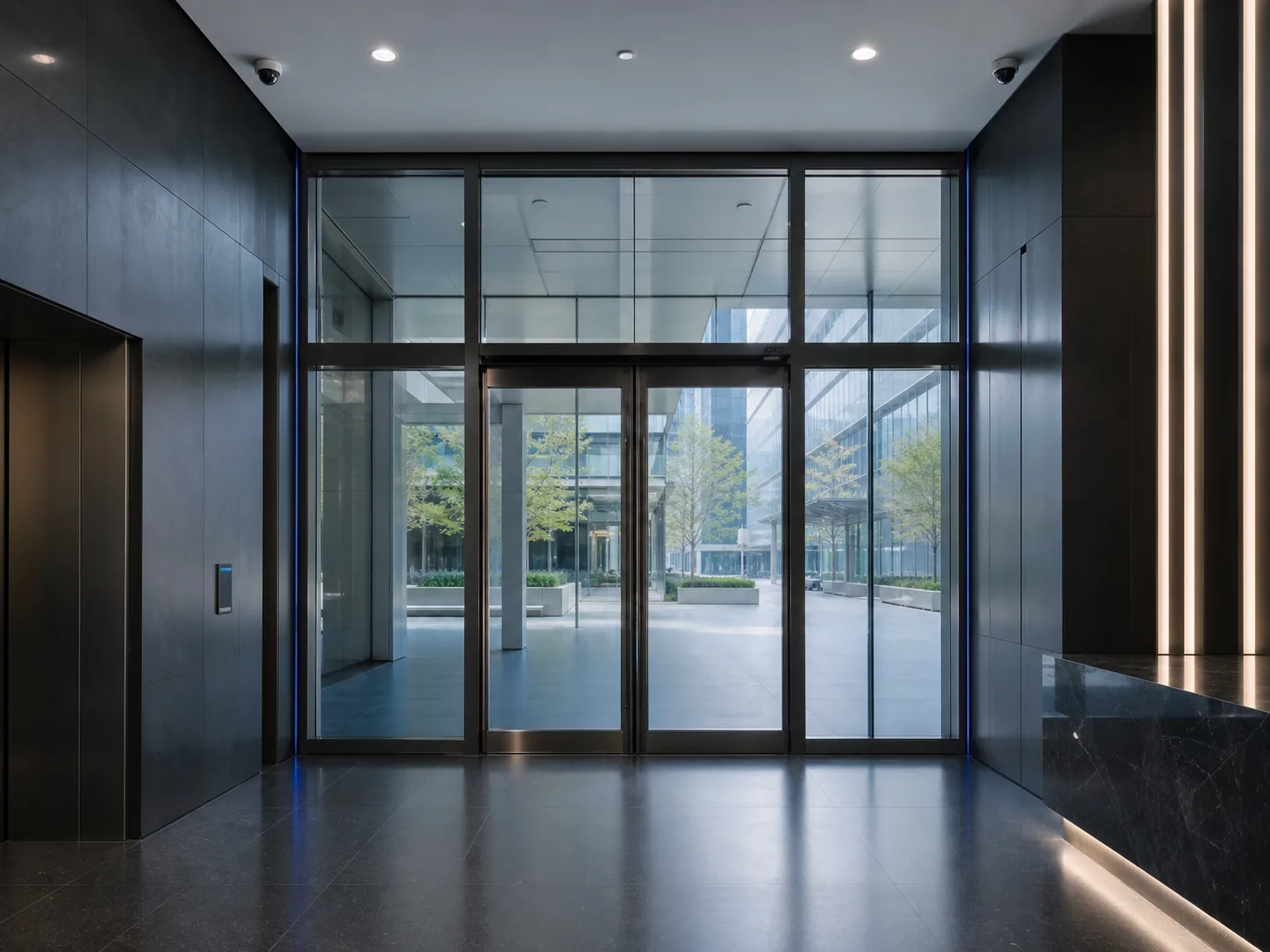 Conceptual commercial entrance with controlled doors and discreet security cameras