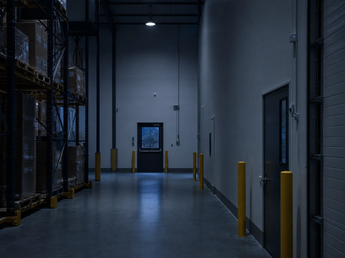 Conceptual secured warehouse interior after hours with perimeter doors and discreet detection sensors