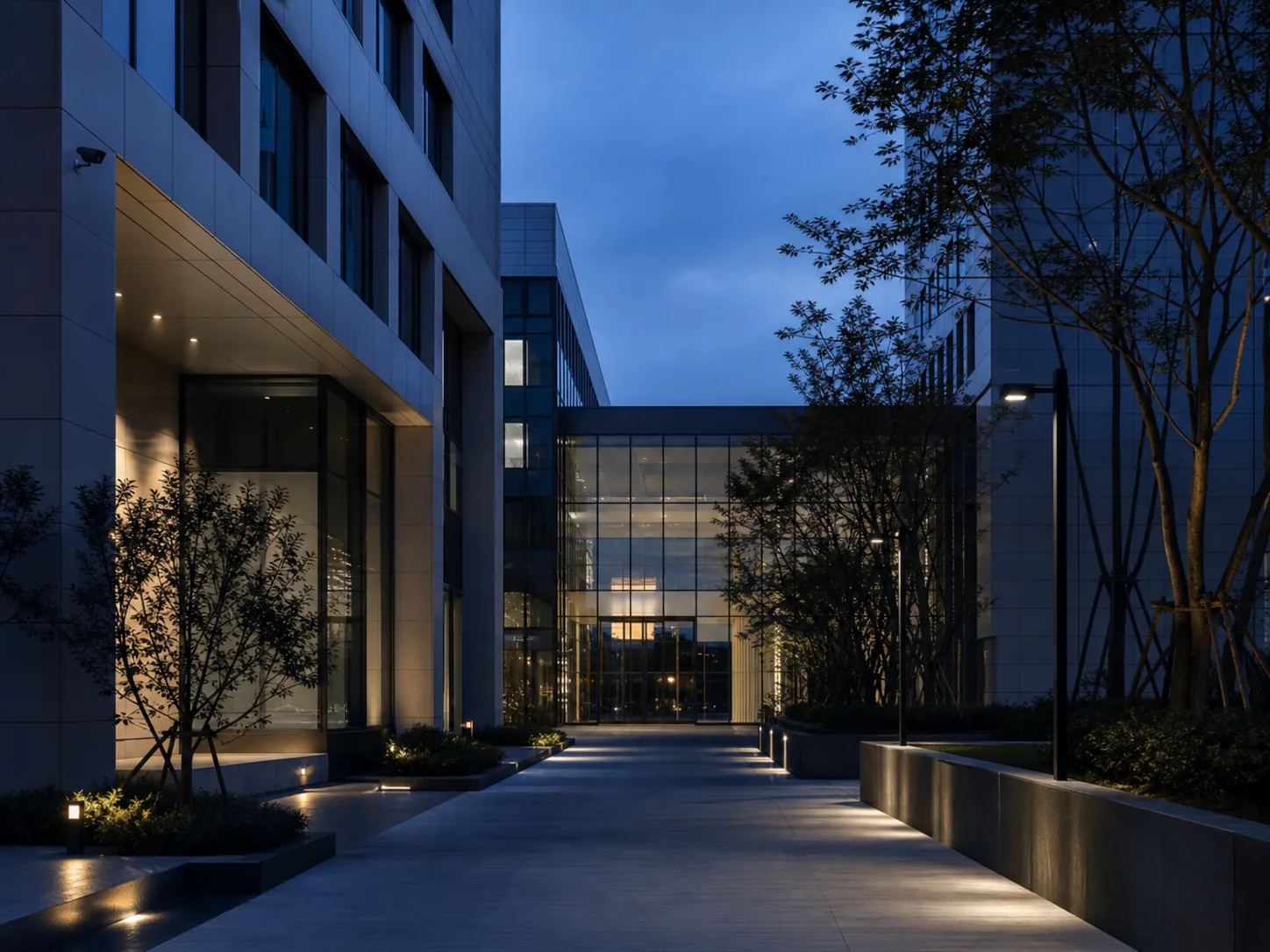 Conceptual commercial campus approach at blue hour with discreet cameras and overlapping architectural sightlines