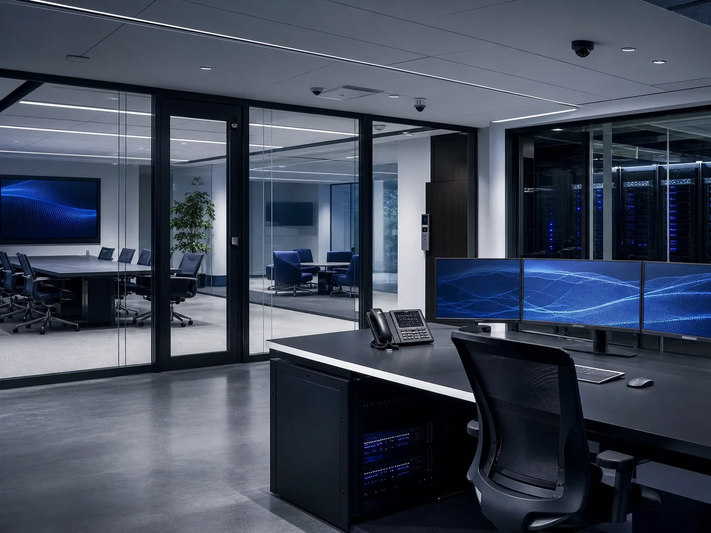 Conceptual commercial technology operations environment connecting meeting, security, network, and support spaces
