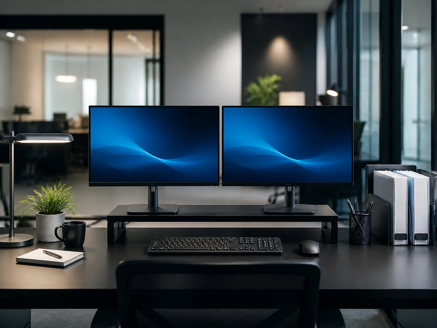 Conceptual managed IT support workspace with abstract screens, organized desk, and office environment