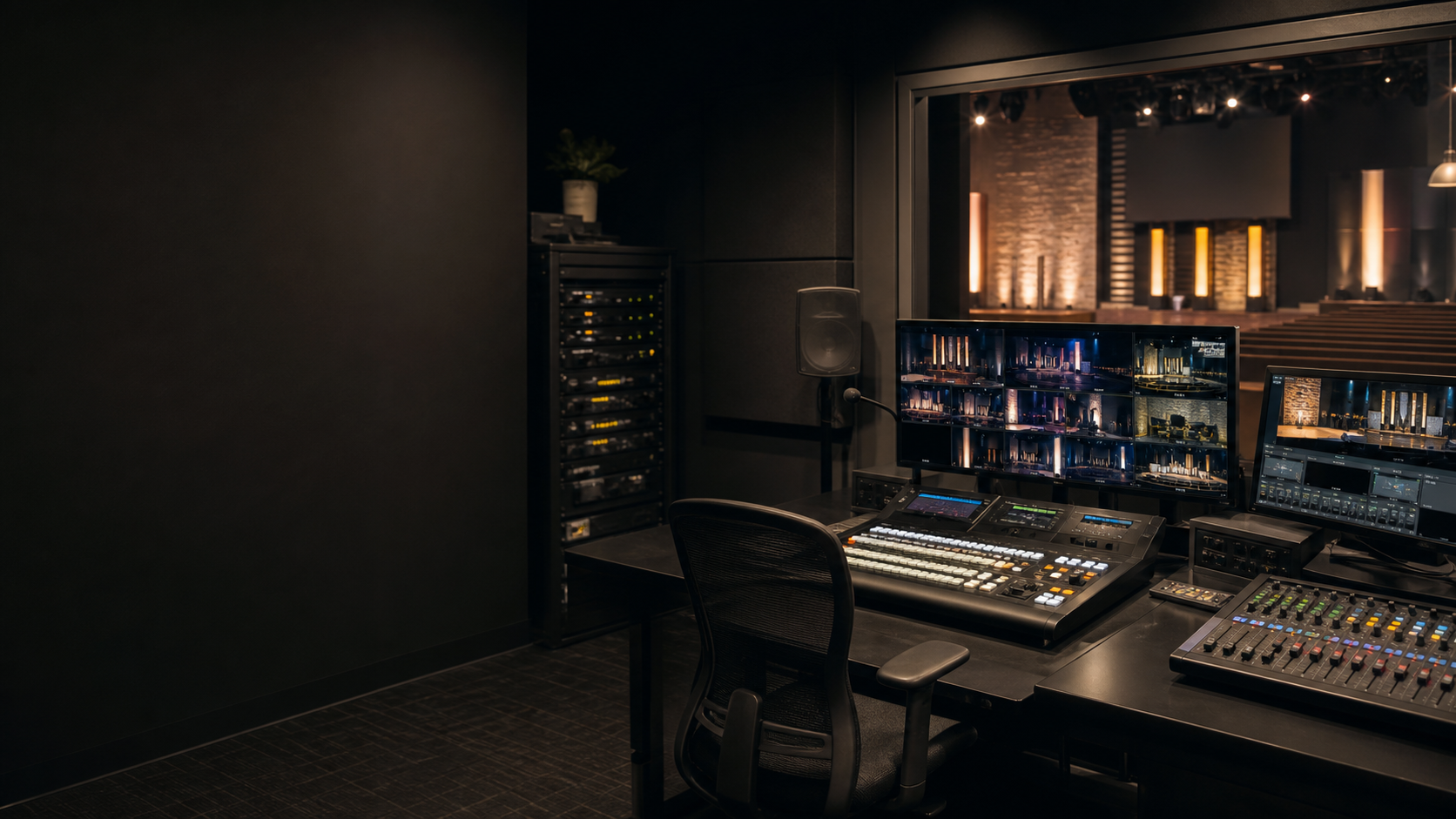 Conceptual broadcast studio with two cameras, interview seating, production lighting, acoustic treatment, and abstract screens