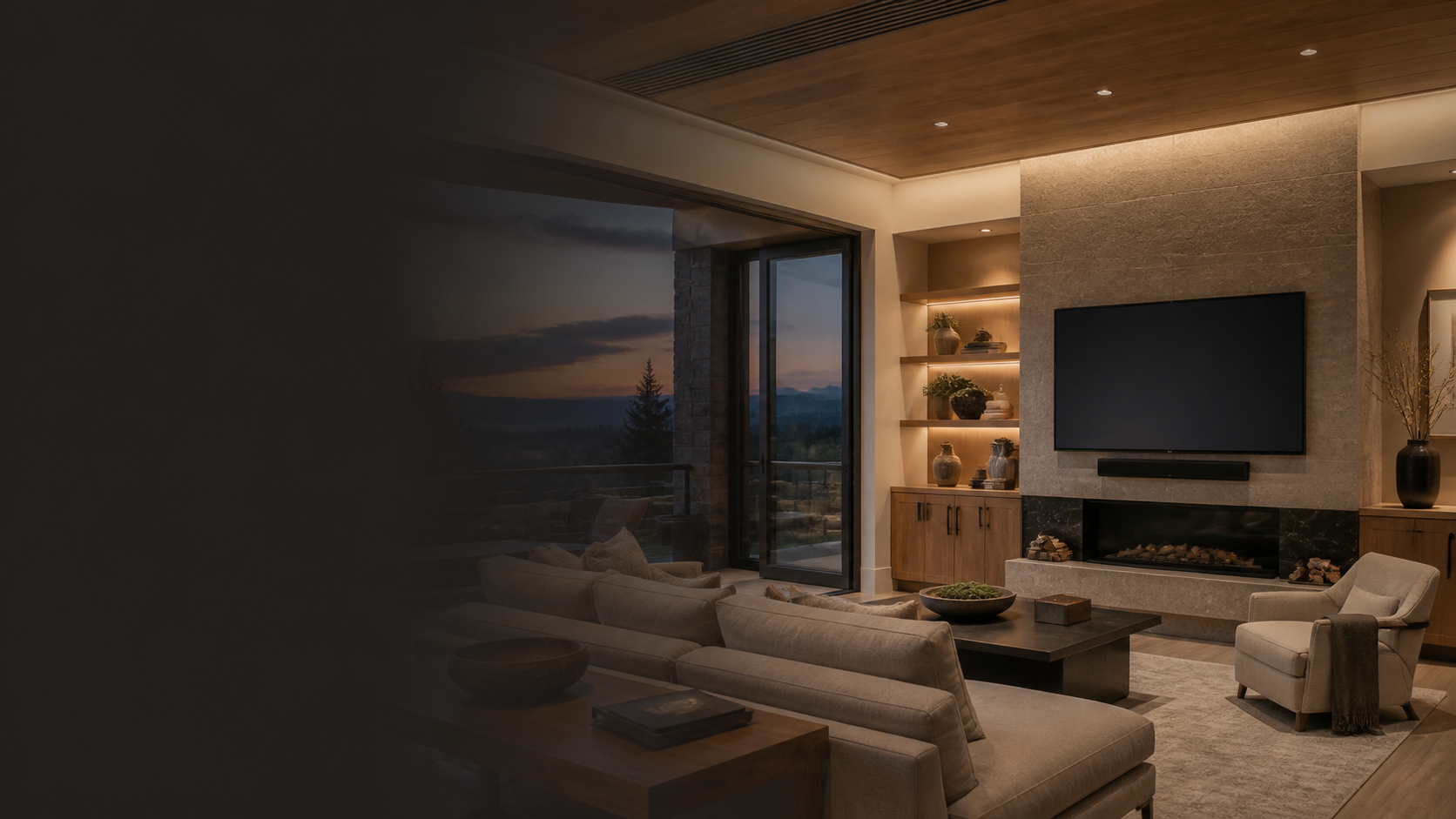 Conceptual residential great room with discreet integrated audiovisual technology; not a photographed 210 Solutions project
