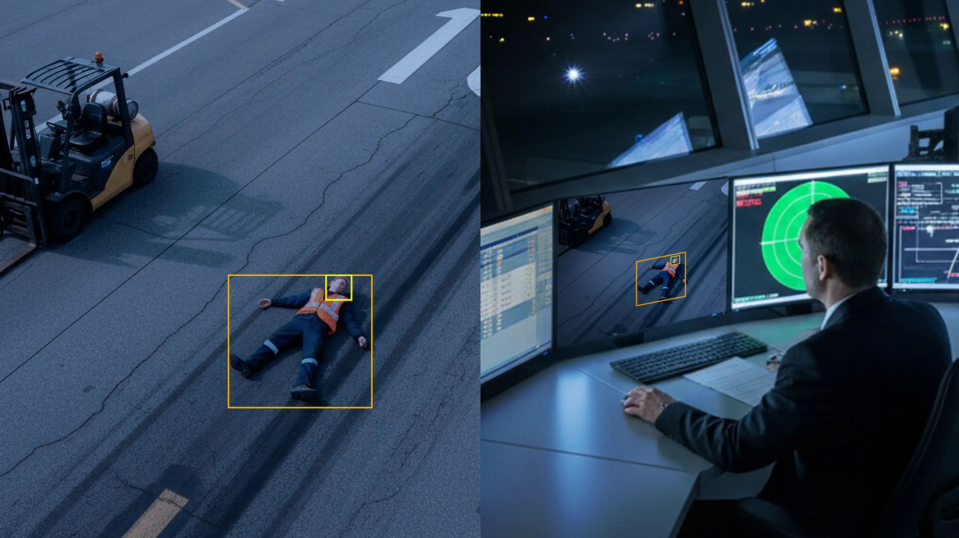 Hanwha Vision analytics view showing a forklift and detected worker with an operator monitoring the event