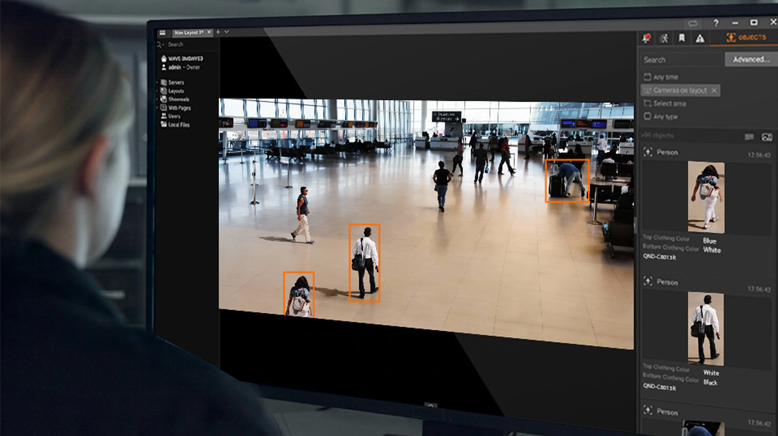 Hanwha Vision video analytics interface reviewing activity in an airport terminal