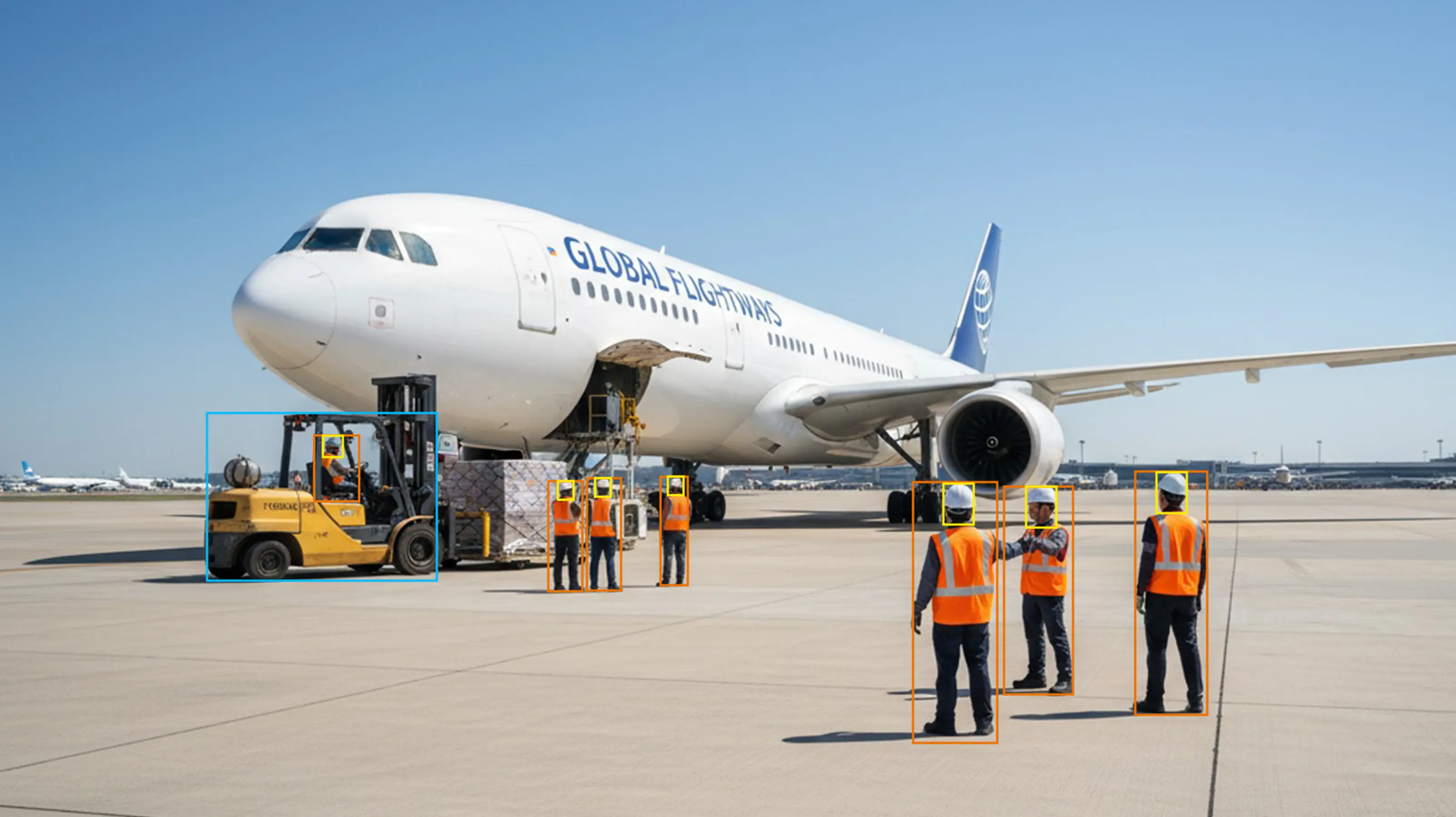 Hanwha Vision analytics view identifying people and a forklift around an aircraft