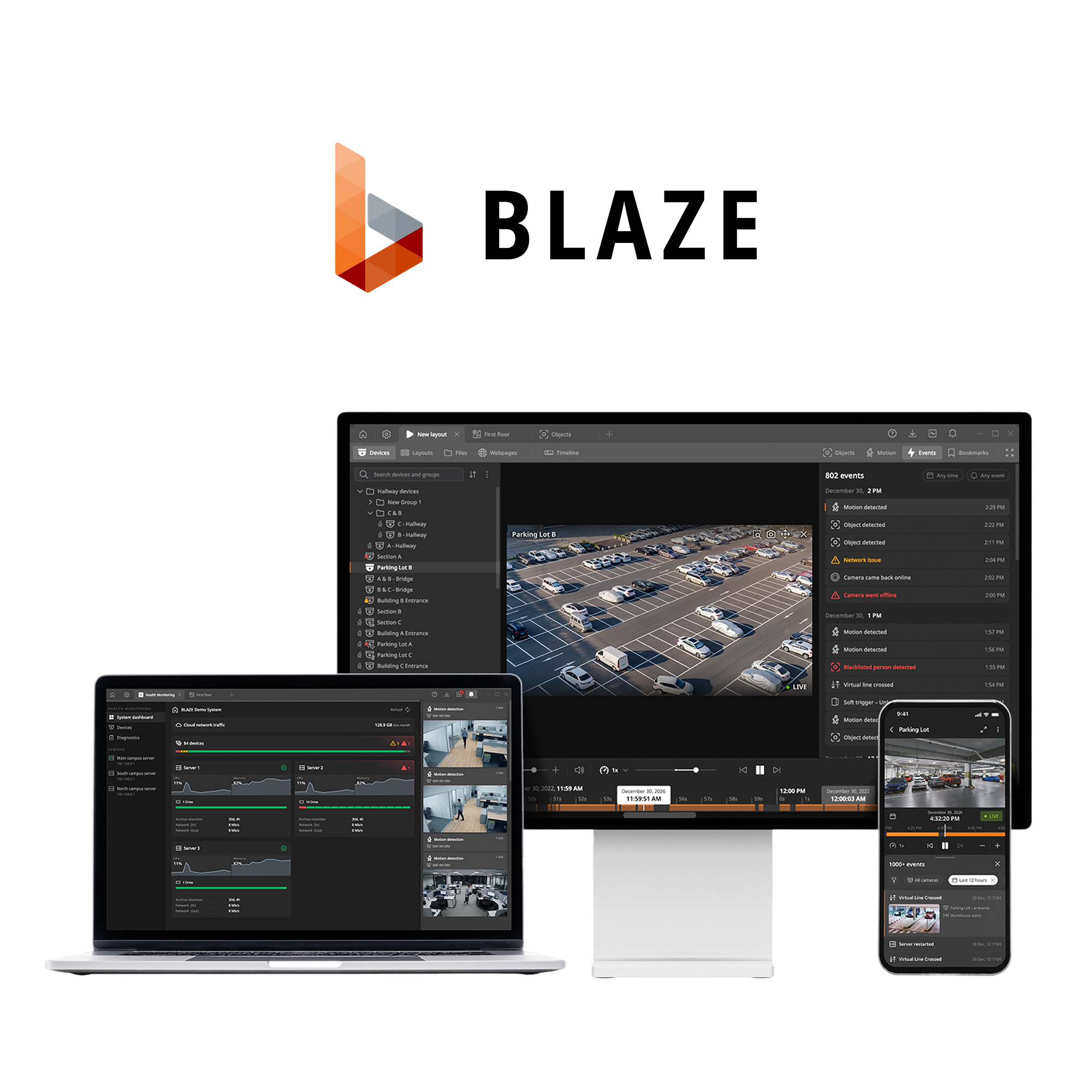 Hanwha Vision Blaze video management interfaces shown on desktop, laptop, and mobile screens