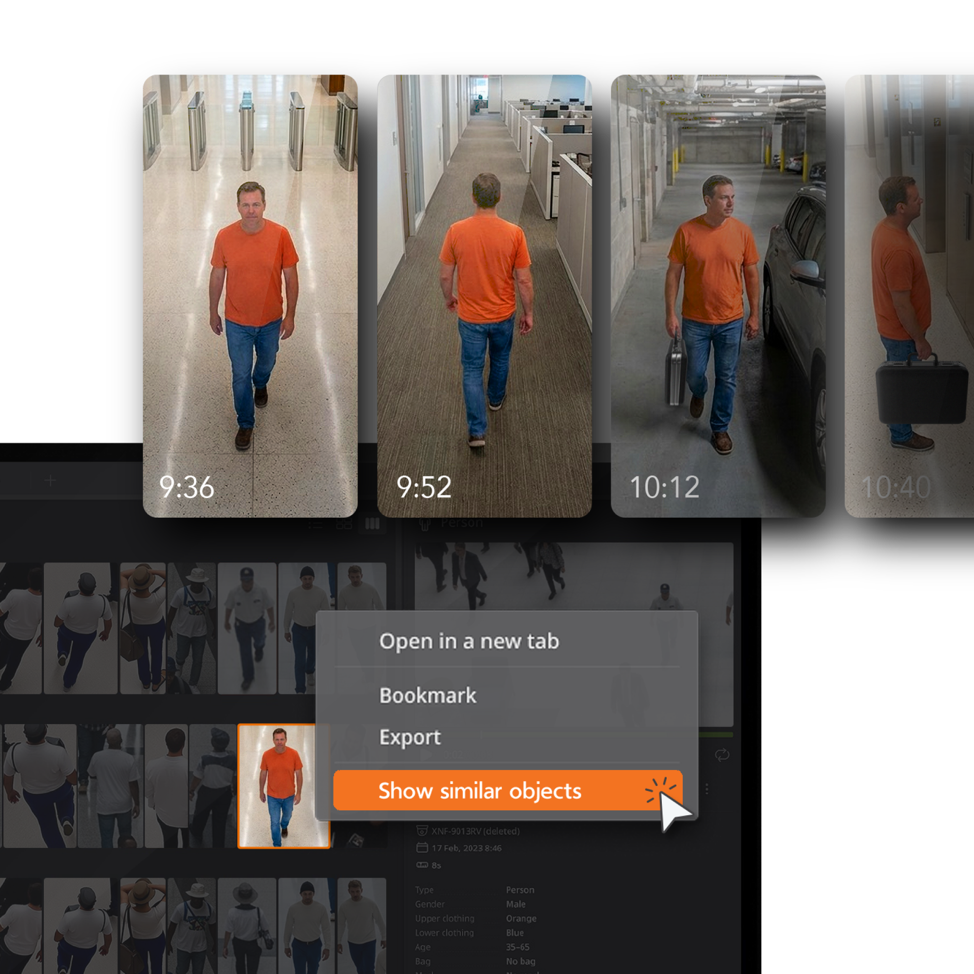 Hanwha Vision Blaze interface showing a person tracked across multiple cameras and times