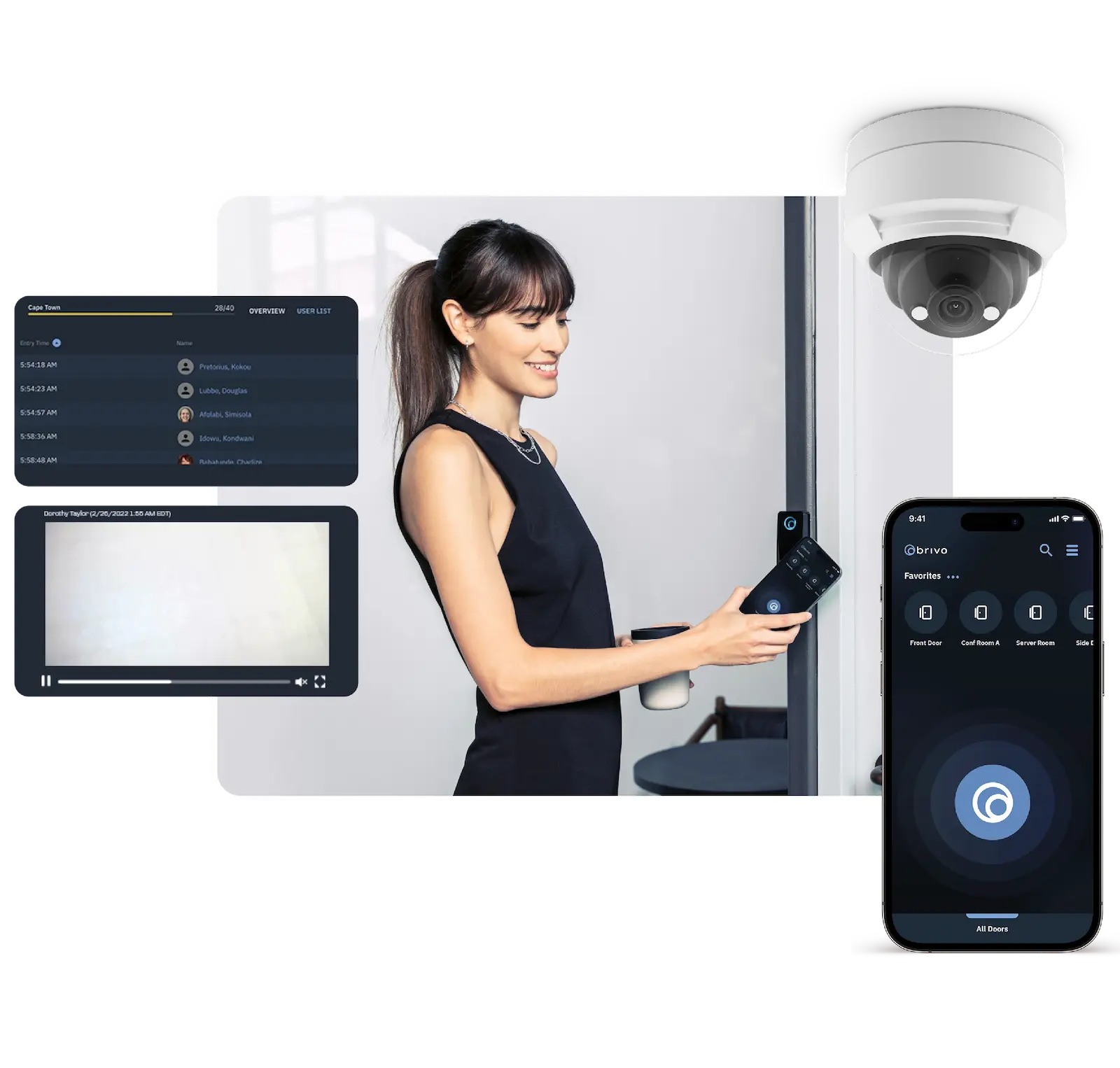 Brivo access control interface, mobile credential, video, and camera shown around a commercial doorway