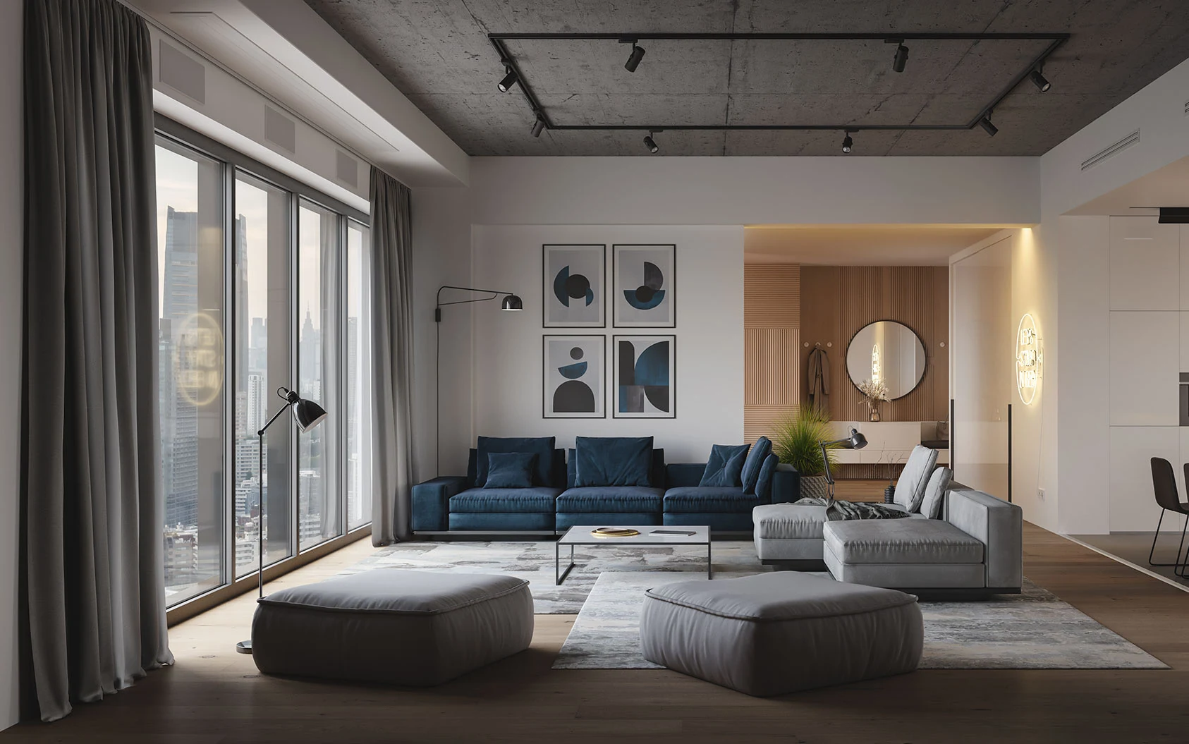 Residential living room with floor-to-ceiling motorized drapery
