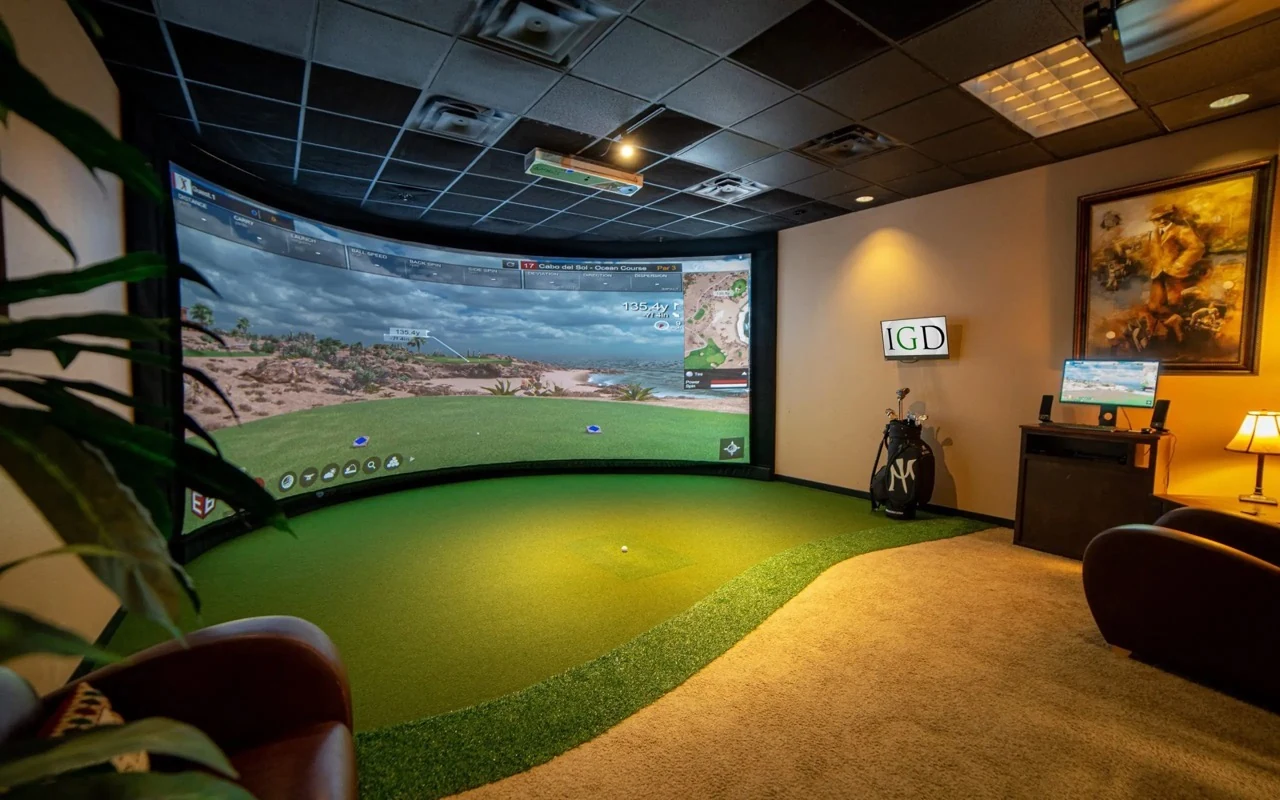 Residential golf simulator room with integrated projection, hitting area, lighting, and seating